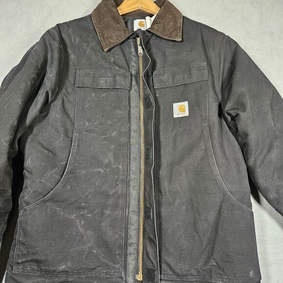 VTG Carhartt C01 Chore Coat Jacket 44 Made in USA Black Quilted Lined Distressed - Picture 4 of 16
